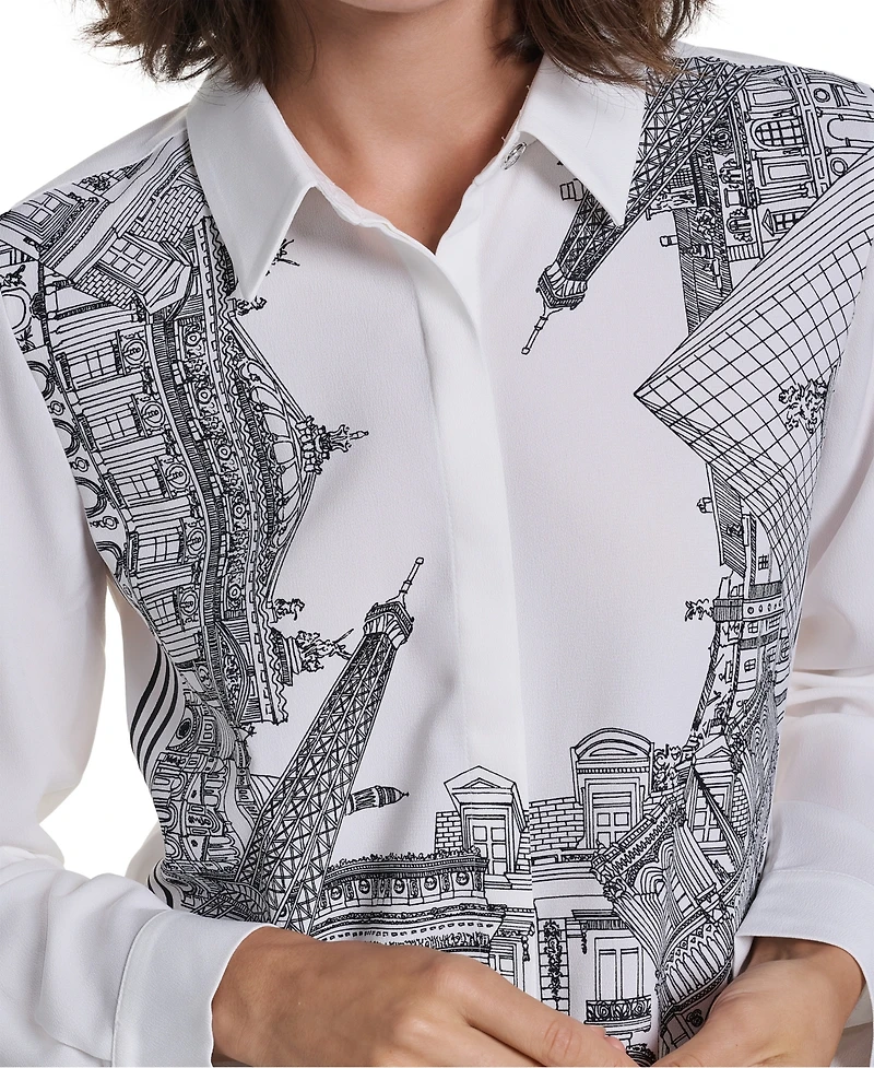 Karl Lagerfeld Paris Women's Placed Print Button Down Top
