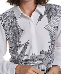 Karl Lagerfeld Paris Women's Placed Print Button Down Top