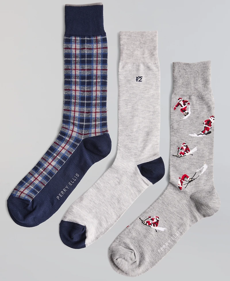 Perry Ellis Portfolio Men's Santa Ski Flat-Knit Plaid Socks, 3-Pack