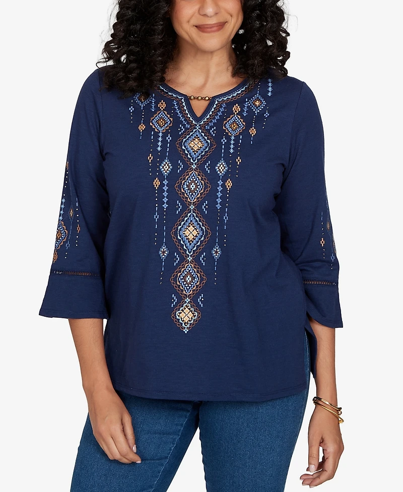 Alfred Dunner Petite Keyhole 3/4-Sleeve Embroidered Top