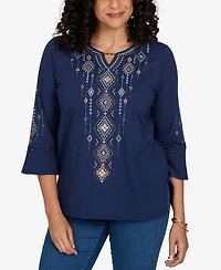 Alfred Dunner Petite Keyhole 3/4-Sleeve Embroidered Top