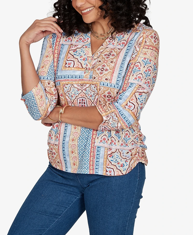 Alfred Dunner Petite Henley 3/4-Sleeve Top