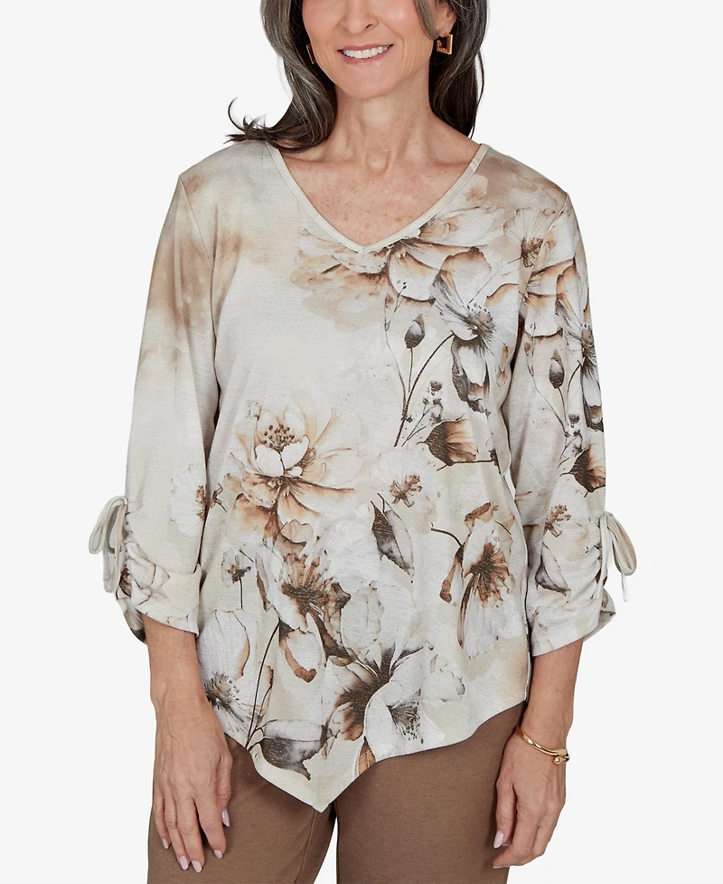 Alfred Dunner Petite Floral-Print 3/4-Sleeve V-Neck Blouse