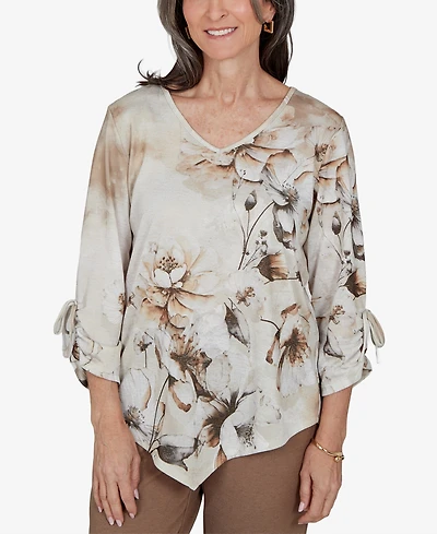 Alfred Dunner Petite Floral-Print 3/4-Sleeve V-Neck Blouse