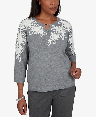 Alfred Dunner Petite Keyhole Floral-Embroidery 3/4-Sleeve Pullover