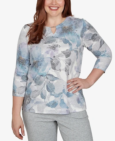 Alfred Dunner Petite Keyhole Neck 3/4-Sleeve Floral-Print Knit Top