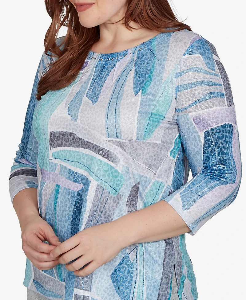 Alfred Dunner Petite 3/4-Sleeve Crewneck Abstract-Print T-Shirt