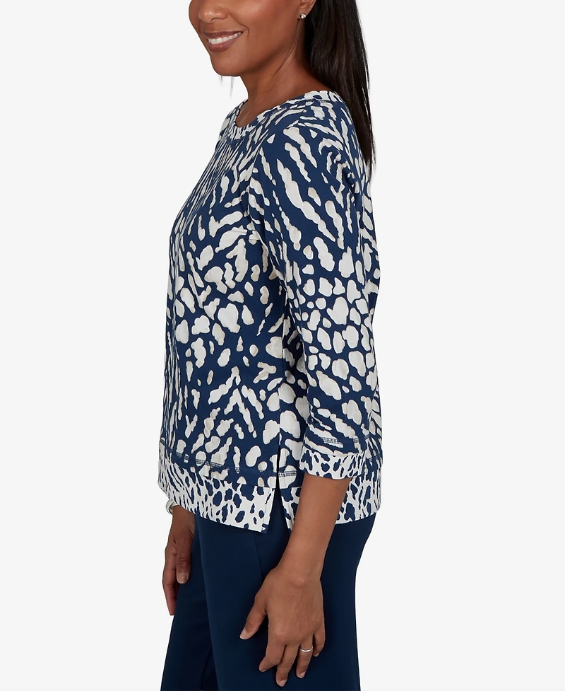 Alfred Dunner Petite Animal-Print Cotton-Blend 3/4-Sleeve T-Shirt