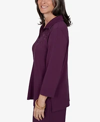 Alfred Dunner Petite 3/4-Sleeve Floral-Applique Knit Top