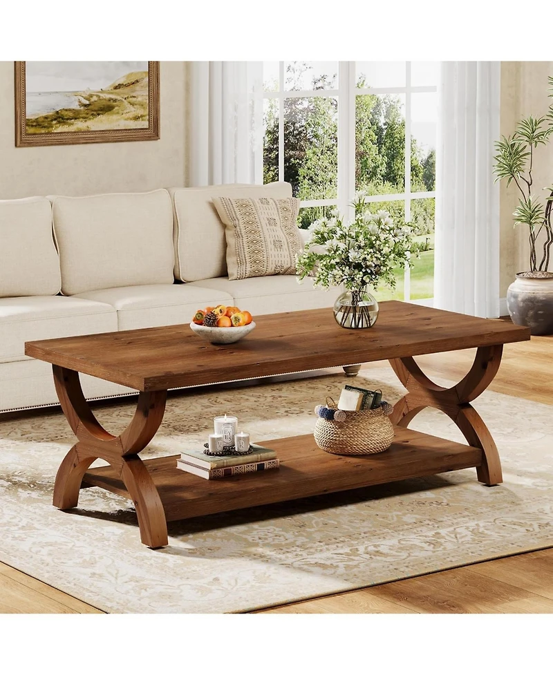 Tribesigns Solid Wood Coffee Table for Living Room, Rectangle Center Tea Table with Storage Shelf