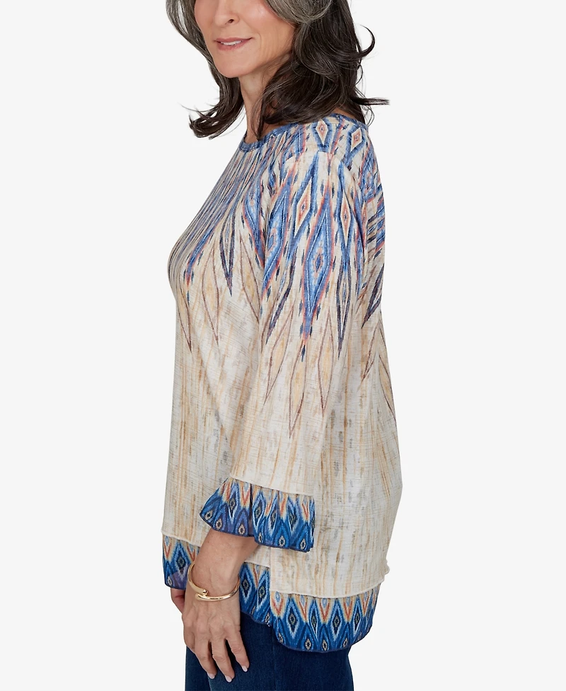 Alfred Dunner Women's Retro-Print Crewneck 3/4-Sleeve Top