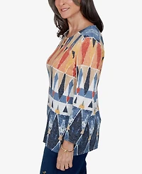 Alfred Dunner Women's Keyhole 3/4-Sleeve Geometric-Print Cotton-Blend Pullover