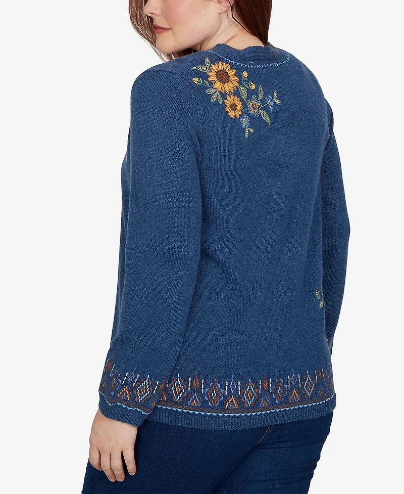 Alfred Dunner Women's Floral-Embroidery Long-Sleeve V-Neck Cardigan