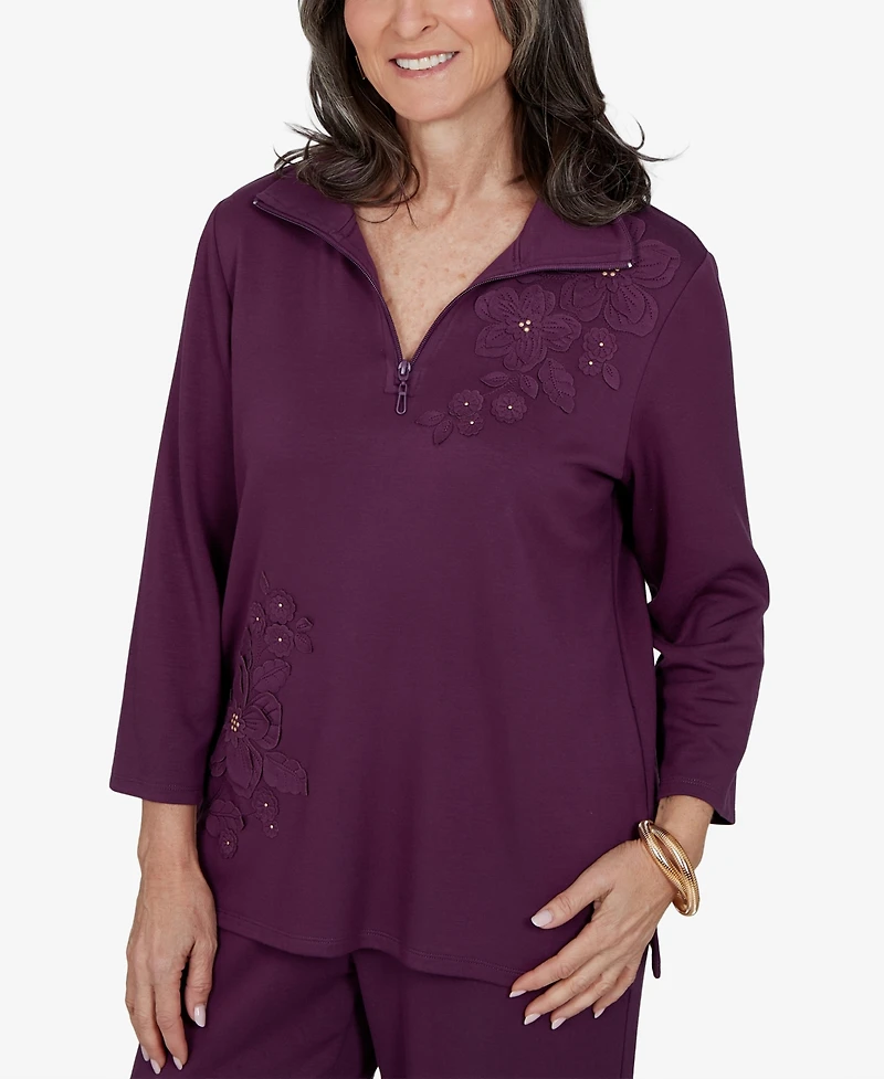 Alfred Dunner Women's 3/4-Sleeve Collared Floral Applique Knit Top