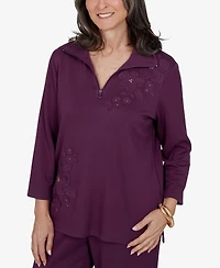 Alfred Dunner Women's 3/4-Sleeve Collared Floral Applique Knit Top