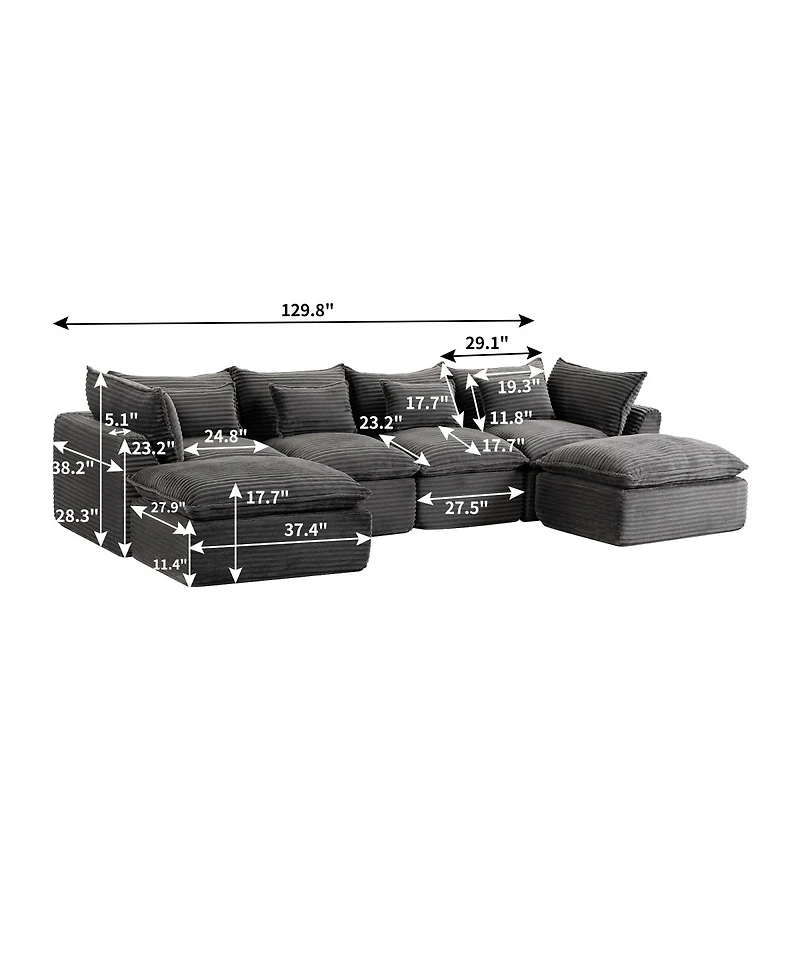 Streamdale Furniture Oversized Corduroy Modular Cloud Sectional Sofa with 2 Ottomans