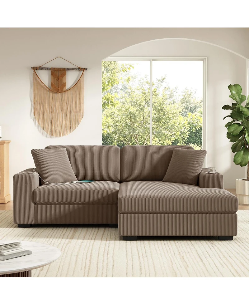 Streamdale Furniture L-Shaped Corduroy Sectional Sofa with Cup Holders and Charging Ports