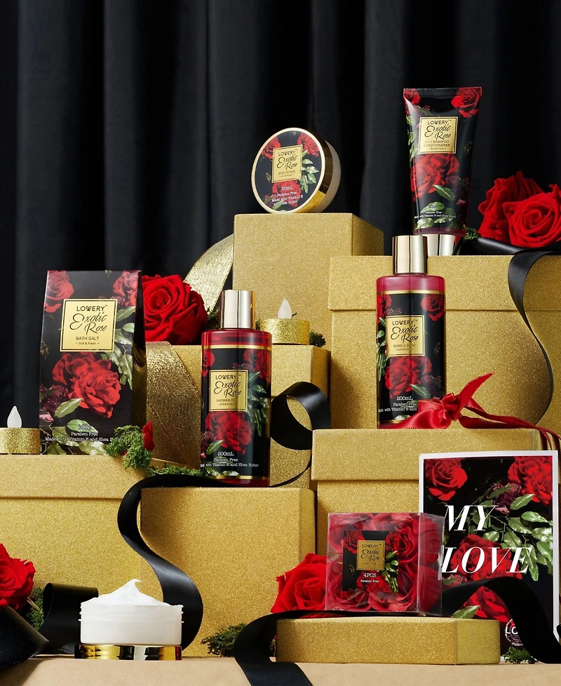 Lovery Exotic Rose Spa Gift Basket, 13pc Self Care Gift, Bath and Body Care Gift Set, Relaxing Stress Relief Gift