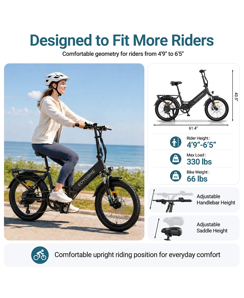 Mooncool Adults Foldable Electric Bike 20" x 3.0" Fat Tires, 7-Speed Commuter E Bike, 1200W Peak Motor Ebike