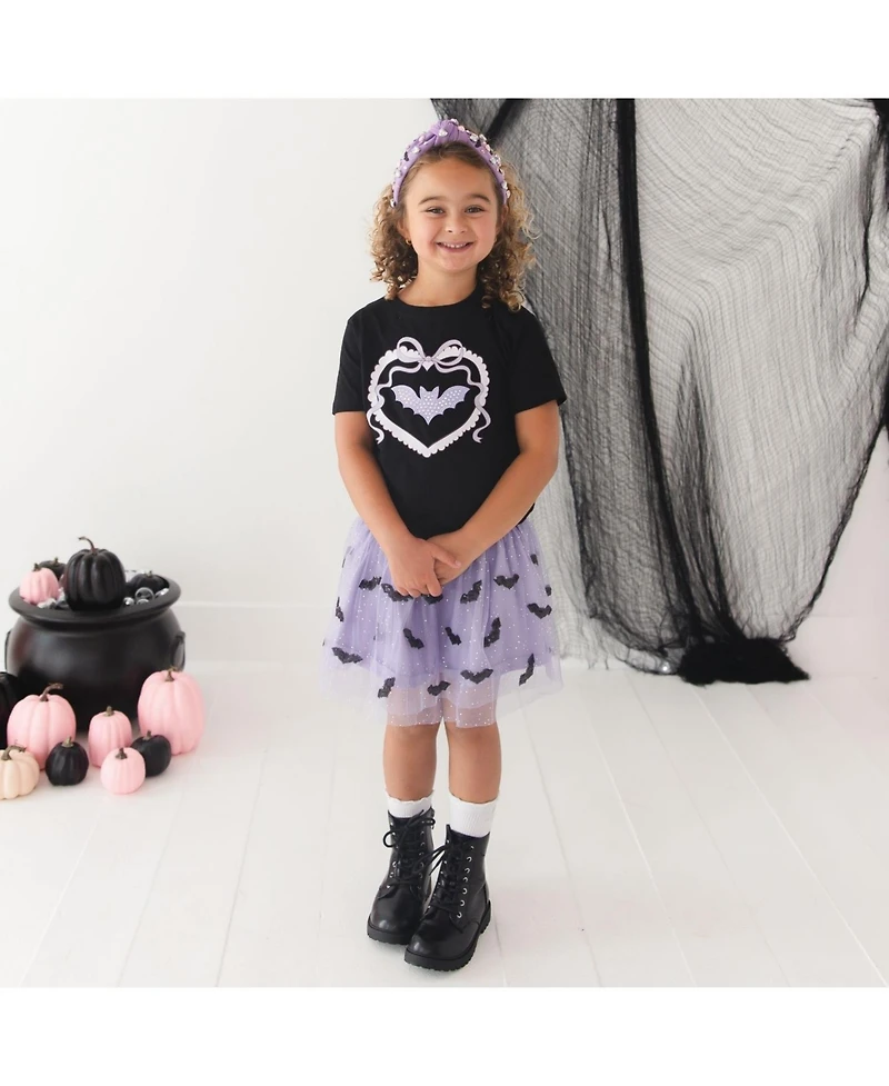 Sweet Wink Little Girls Rhinestone Bat Patch Halloween Short Sleeve T-Shirt