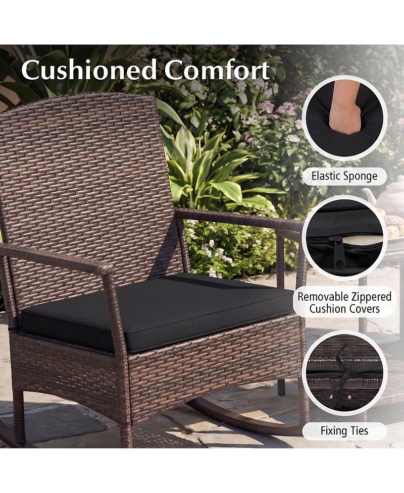 Gymax 3 Piece Patio Rocking Bistro Set 2 Rattan Armchairs with 2-Tier Tempered Glass Side Table