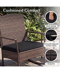 Gymax 3 Piece Patio Rocking Bistro Set 2 Rattan Armchairs with 2-Tier Tempered Glass Side Table