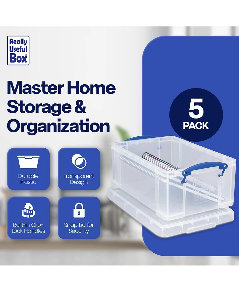 Really Useful Box 9L Storage Container with Snap Lid and Clip Lock Handle (5 Pack)