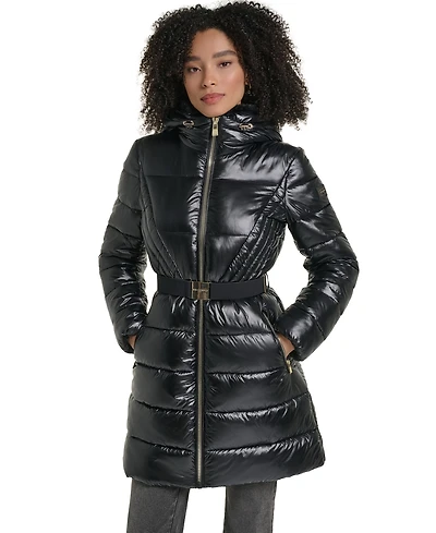 Karl Lagerfeld Paris Women's Belted Faux Fur Collar Hooded Puffer Coat