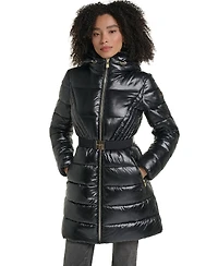 Karl Lagerfeld Paris Women's Belted Faux Fur Collar Hooded Puffer Coat