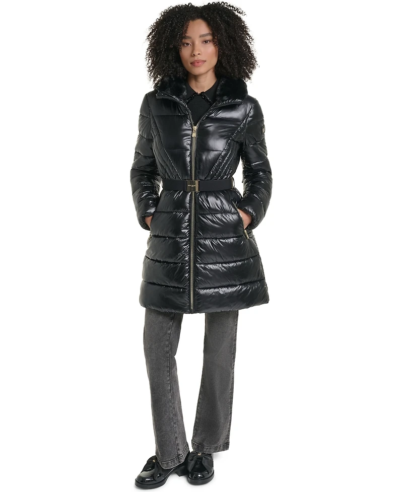 Karl Lagerfeld Paris Women's Belted Faux Fur Collar Hooded Puffer Coat