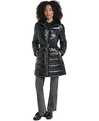 Karl Lagerfeld Paris Women's Belted Faux Fur Collar Hooded Puffer Coat