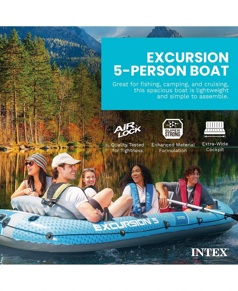 Intex 66325EP Excursion 5 Inflatable Boat Set with 54" Oars, Pump, and Rod Holders