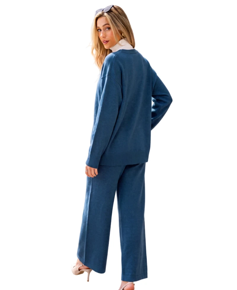 Cupshe Women's V-Neck Knit Cardigan and Wide Leg Pants Two-Piece Matching Set