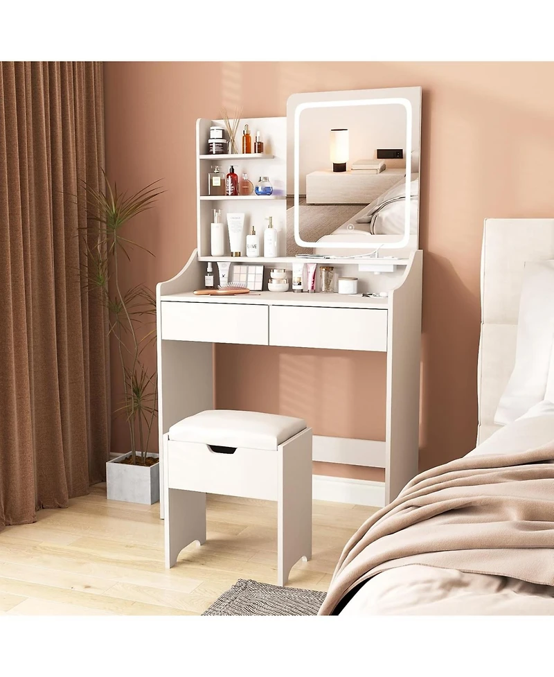 Vabches Vanity Desk with Led Mirror and Charging Station, Makeup Table with Storage Stool