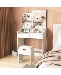 Vabches Vanity Desk with Led Mirror and Charging Station, Makeup Table with Storage Stool