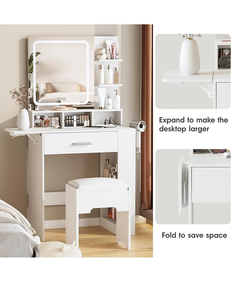 Vabches Small Vanity Desk with Lighted Mirror and Charging Station, Makeup Table with Drawer, Shelves and Stool