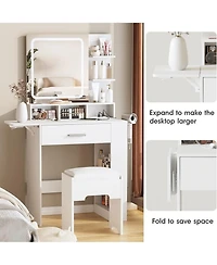 Vabches Small Vanity Desk with Lighted Mirror and Charging Station, Makeup Table with Drawer, Shelves and Stool