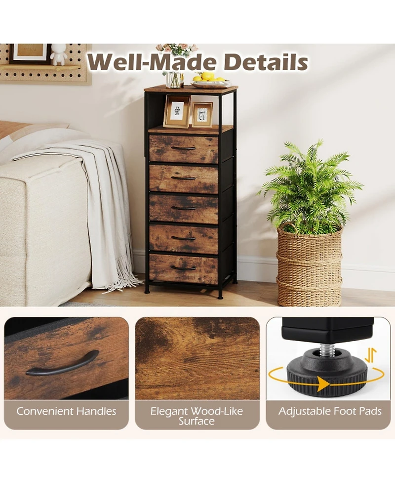 Sugift Tall Nightstand with Integrated Charging Station 39 Inch Bedside Tower Featuring 5 Fabric Drawers