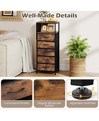 Sugift Tall Nightstand with Integrated Charging Station 39 Inch Bedside Tower Featuring 5 Fabric Drawers