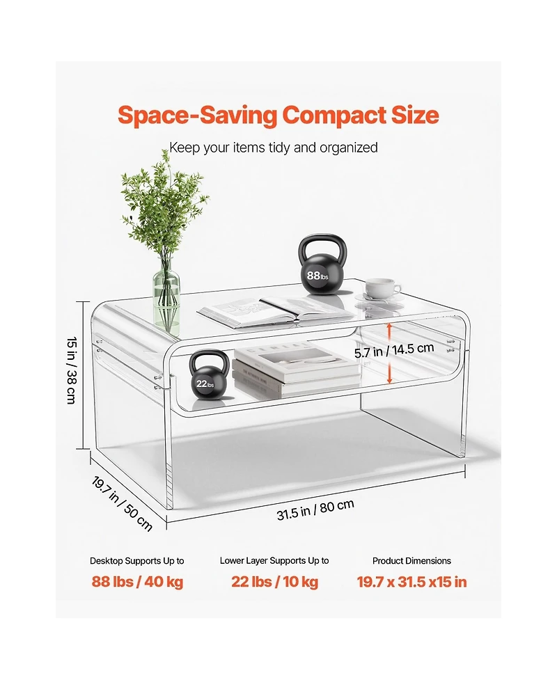 Slickblue Modern Acrylic Coffee Table with Storage Shelf and Rectangle Top