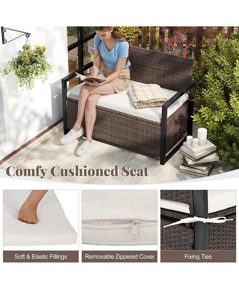 Mecale Wicker Storage Loveseat Bench with Cushion, 800-lb Weight Capacity