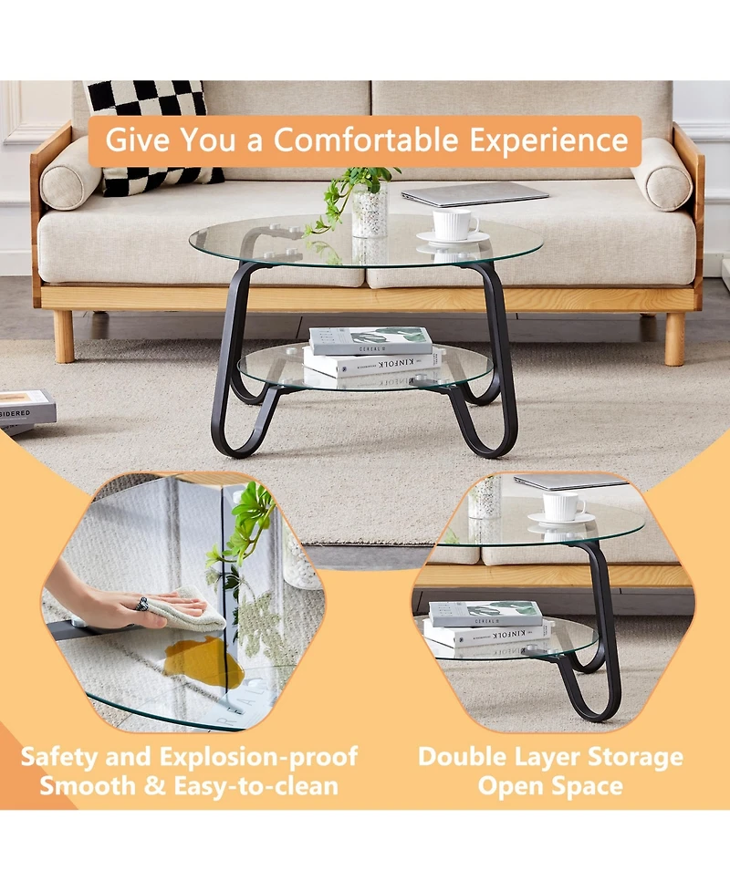 Flynama 31.5 Inch Retro Double-Layer Tempered Glass Coffee Table, Metal Frame Compact Accent Table for Home Office
