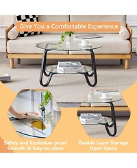 Flynama 31.5 Inch Retro Double-Layer Tempered Glass Coffee Table, Metal Frame Compact Accent Table for Home Office