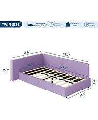 gaomon Twin Daybed with Extended Headboard, Corner Bed Frame with Bed Rails, Velvet Upholstered Sofa Bed with Guardrail for Bedroom, Guest Room