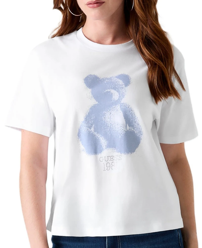Guess Women's Bear Crewneck Rhinestone-Graphic T-Shirt