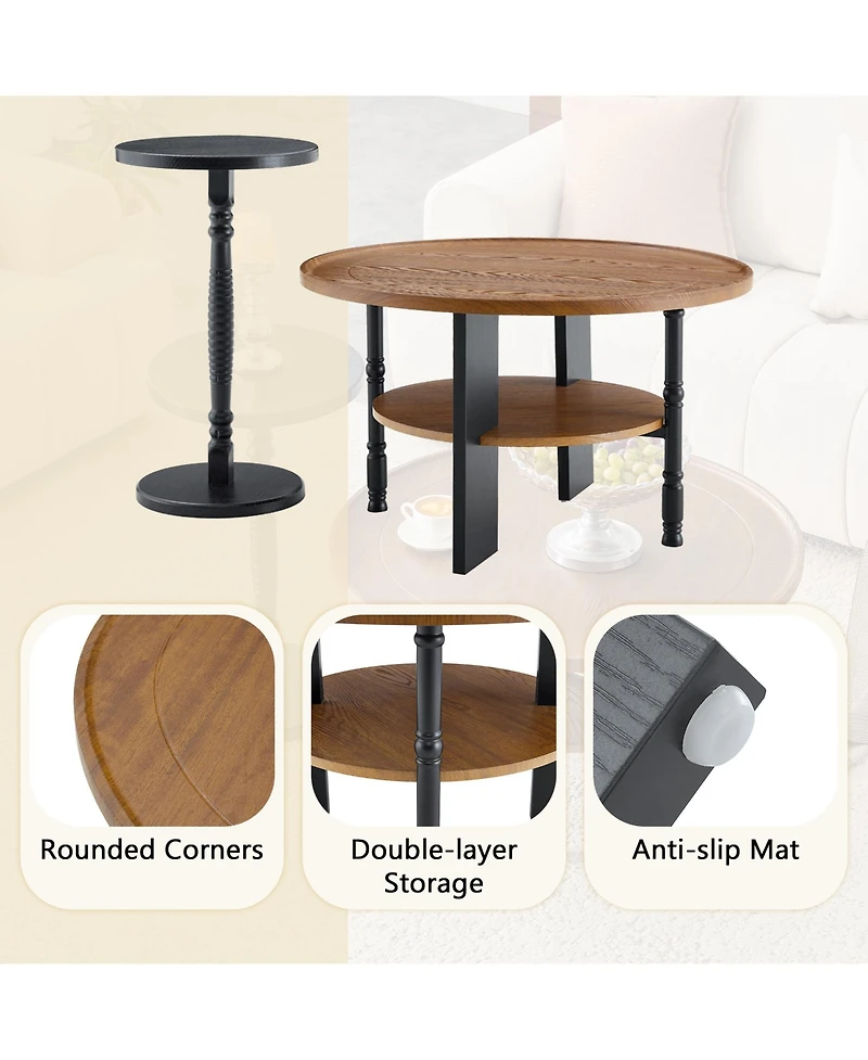 Rainsken 2-Piece Round Coffee Table and Side Table Set - 31.5" Retro Center Table with Open Storage Shelf and 15" Side Table for Living Room, Office