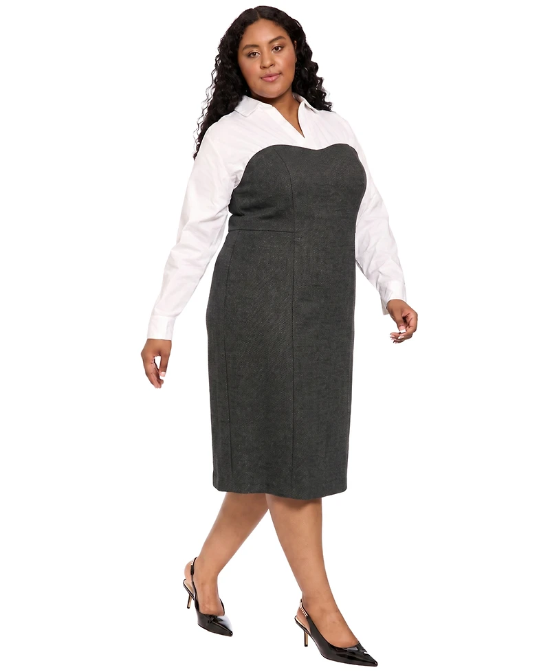 London Times Plus Long-Sleeve Midi Sheath Dress