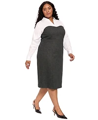 London Times Plus Long-Sleeve Midi Sheath Dress