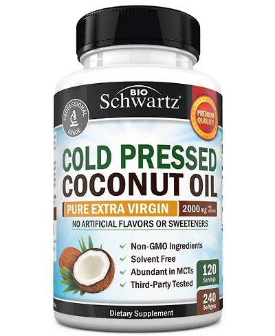 BioSchwartz Coconut Oil Capsules 2000mg, Extra Virgin Unrefined Cold Pressed, Mct Rich, for Healthy Skin, Nails, Hair Growth, Digestion, 240 Count