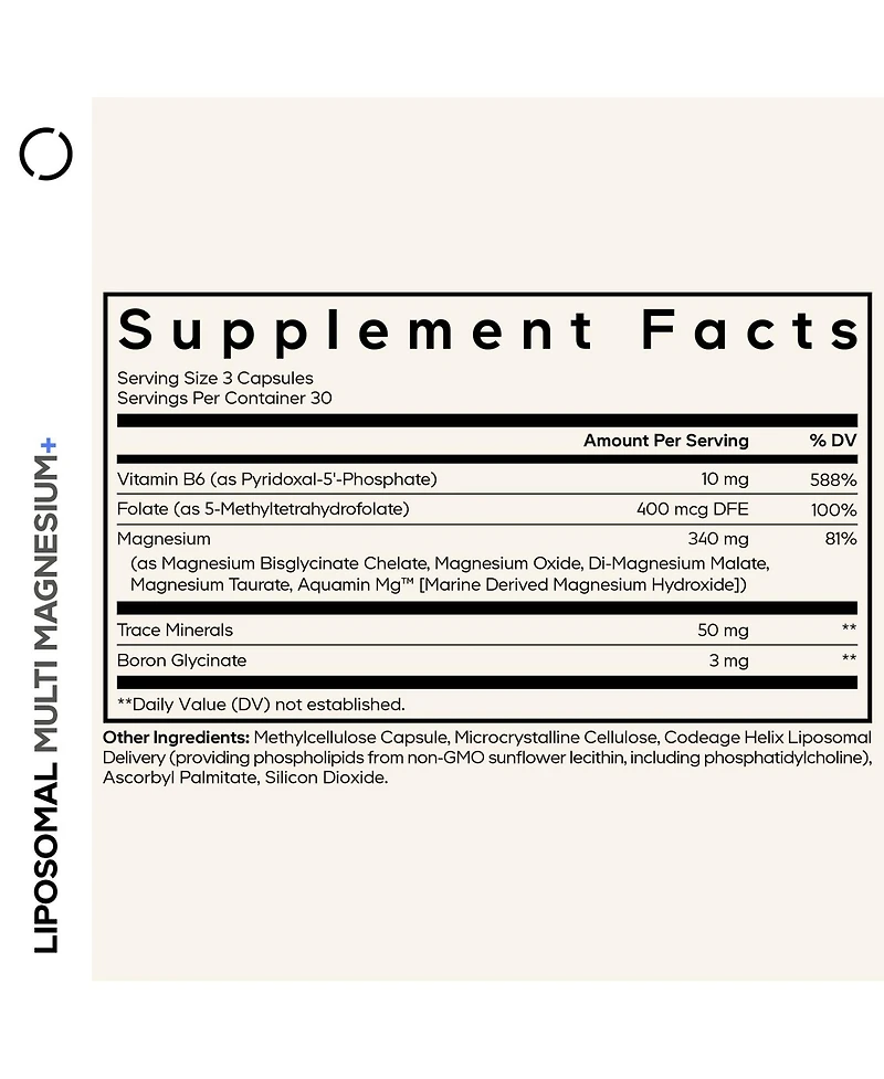 Codeage Liposomal Multi Magnesium Plus, Glycinate Malate Taurate Complex, B6, Folate, Boron, 90 Count